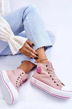 Big Star Shoes Trampki Damskie Big Star|Trampki Damskie Wysokie*Damskie Wysokie Materiałowe Trampki Na Platformie Big Star LL274186 Różowe Różowy