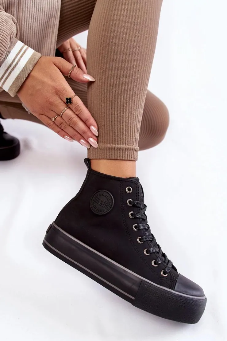 Damskie Big Star Shoes Damskie Wysokie Ocieplane Trampki Big Star KK274173 Czarne