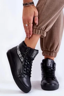 Damskie Big Star Shoes Damskie Wysokie Ocieplane Skórzane Trampki Big Star EE274355 Czarne