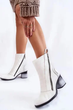 Maciejka Botki Maciejka|Damskie Trapery*Damskie Wysokie Skórzane Botki 05647-11 Białe