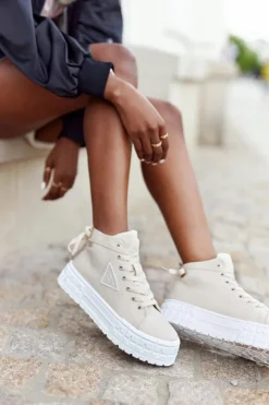 Boto Trampki Damskie Wysokie*Damskie Wysokie Tenisówki Na Platformie Beżowe Manhattan