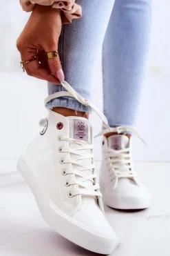 Damskie Cross Jeans Damskie Wysokie Trampki JJ2R4056C Białe