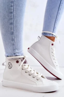 Damskie Cross Jeans Damskie Wysokie Trampki JJ2R4056C Białe