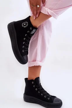 Big Star Shoes Trampki Damskie Big Star|Trampki Damskie Wysokie*Damskie Wysokie Trampki Materiałowe Big Star LL274A182 Czarne