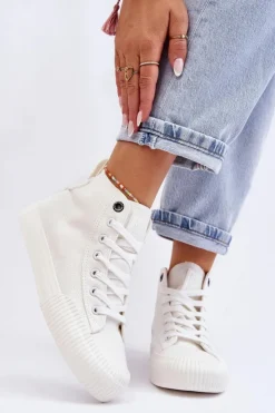 Damskie Big Star Shoes Damskie Wysokie Trampki Materiałowe Big Star LL274445 Białe