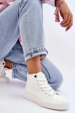 Damskie Big Star Shoes Damskie Wysokie Trampki Materiałowe Big Star LL274445 Białe