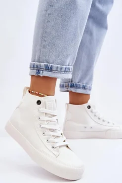 Damskie Big Star Shoes Damskie Wysokie Trampki Materiałowe Big Star LL274445 Białe