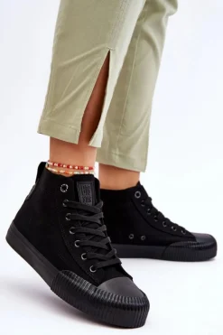 Big Star Shoes Trampki Damskie Big Star|Trampki Damskie Wysokie*Damskie Wysokie Trampki Materiałowe Big Star LL274444 Czarne Czarny
