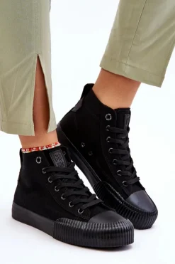 Big Star Shoes Trampki Damskie Big Star|Trampki Damskie Wysokie*Damskie Wysokie Trampki Materiałowe Big Star LL274444 Czarne Czarny