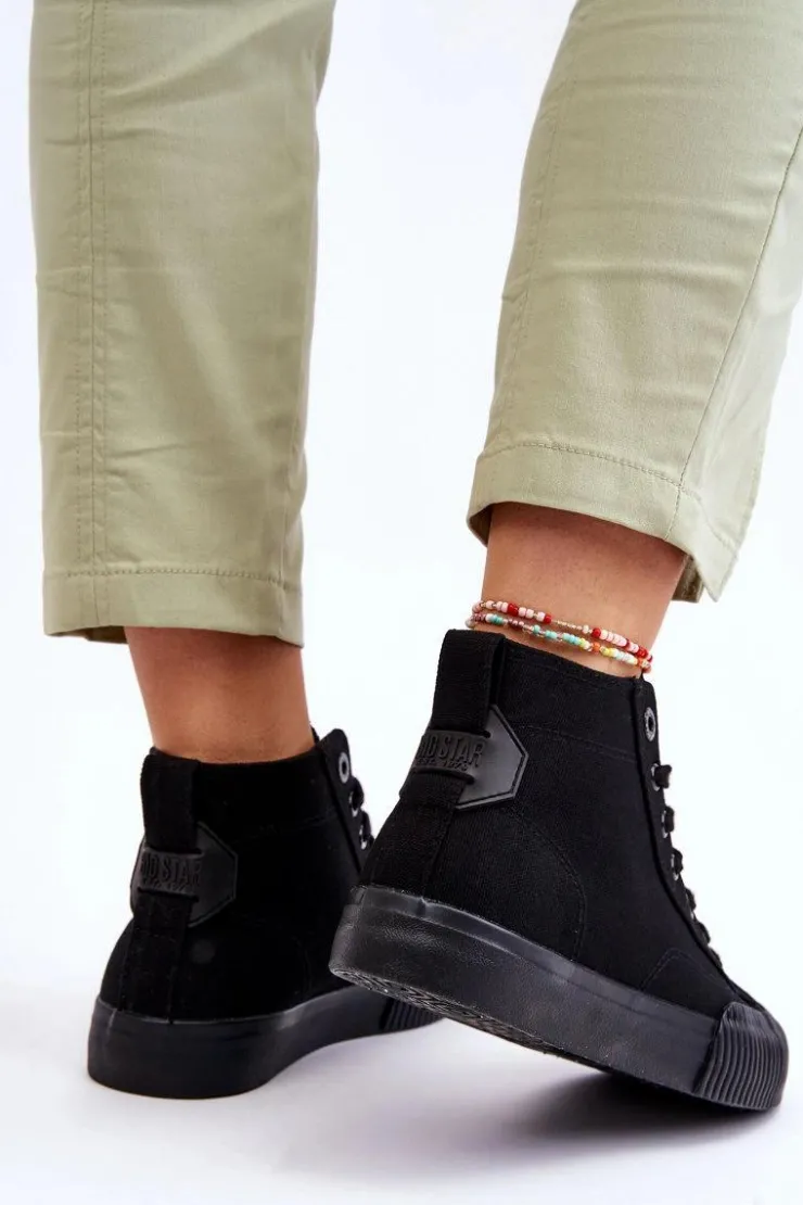Big Star Shoes Trampki Damskie Big Star|Trampki Damskie Wysokie*Damskie Wysokie Trampki Materiałowe Big Star LL274444 Czarne Czarny