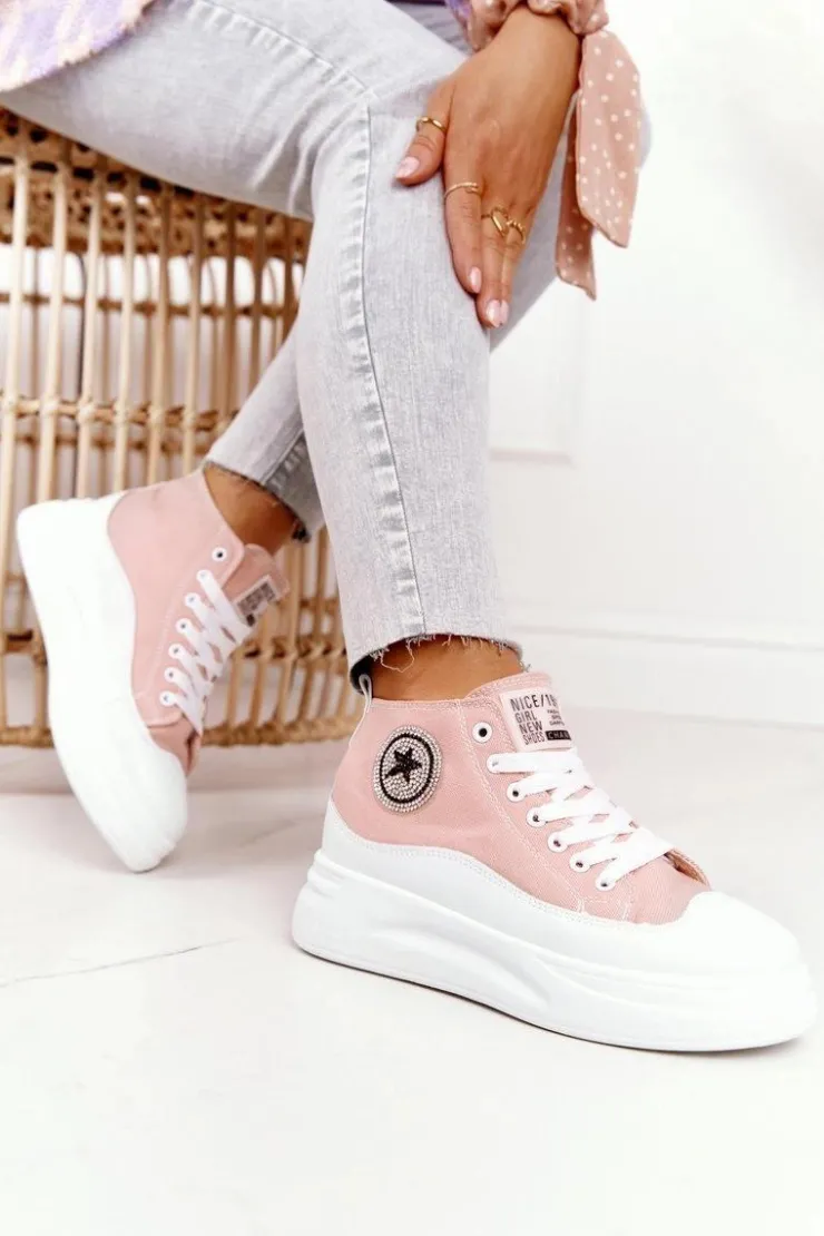 Best Boto Damskie Wysokie Trampki Na Platformie Różowe Nice Girl