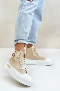 Boto Trampki Damskie Wysokie*Damskie Wysokie Trampki Na Platformie Beżowo-Złote Averira