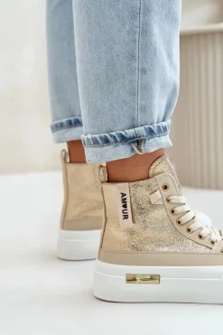 Boto Trampki Damskie Wysokie*Damskie Wysokie Trampki Na Platformie Beżowo-Złote Averira