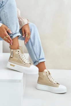 Boto Trampki Damskie Wysokie*Damskie Wysokie Trampki Na Platformie Beżowo-Złote Averira