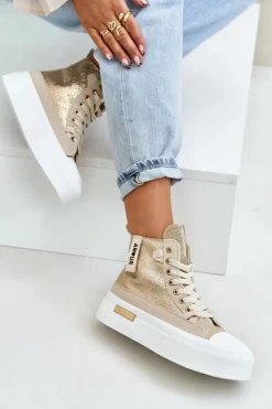 Boto Trampki Damskie Wysokie*Damskie Wysokie Trampki Na Platformie Beżowo-Złote Averira