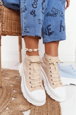 Outlet Boto Damskie Wysokie Trampki Na Dużej Podeszwie Beżowo-Białe Trissy