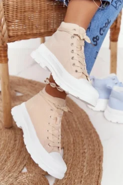 Outlet Boto Damskie Wysokie Trampki Na Dużej Podeszwie Beżowo-Białe Trissy