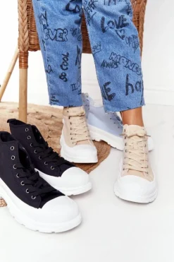 Outlet Boto Damskie Wysokie Trampki Na Dużej Podeszwie Beżowo-Białe Trissy