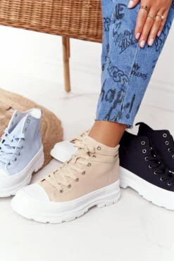 Outlet Boto Damskie Wysokie Trampki Na Dużej Podeszwie Beżowo-Białe Trissy