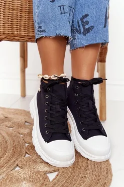 Outlet Boto Damskie Wysokie Trampki Na Dużej Podeszwie Czarne Trissy