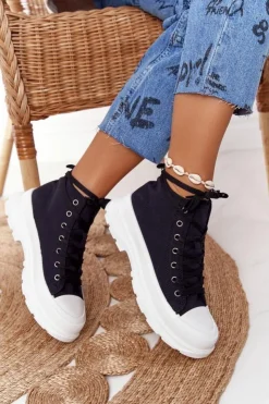 Outlet Boto Damskie Wysokie Trampki Na Dużej Podeszwie Czarne Trissy