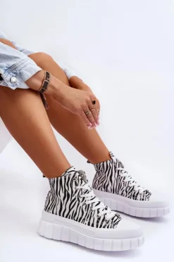 Boto Trampki Damskie Wysokie*Damskie Wysokie Trampki Wzór Zebry Białe Florensi