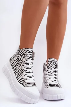 Boto Trampki Damskie Wysokie*Damskie Wysokie Trampki Wzór Zebry Białe Florensi