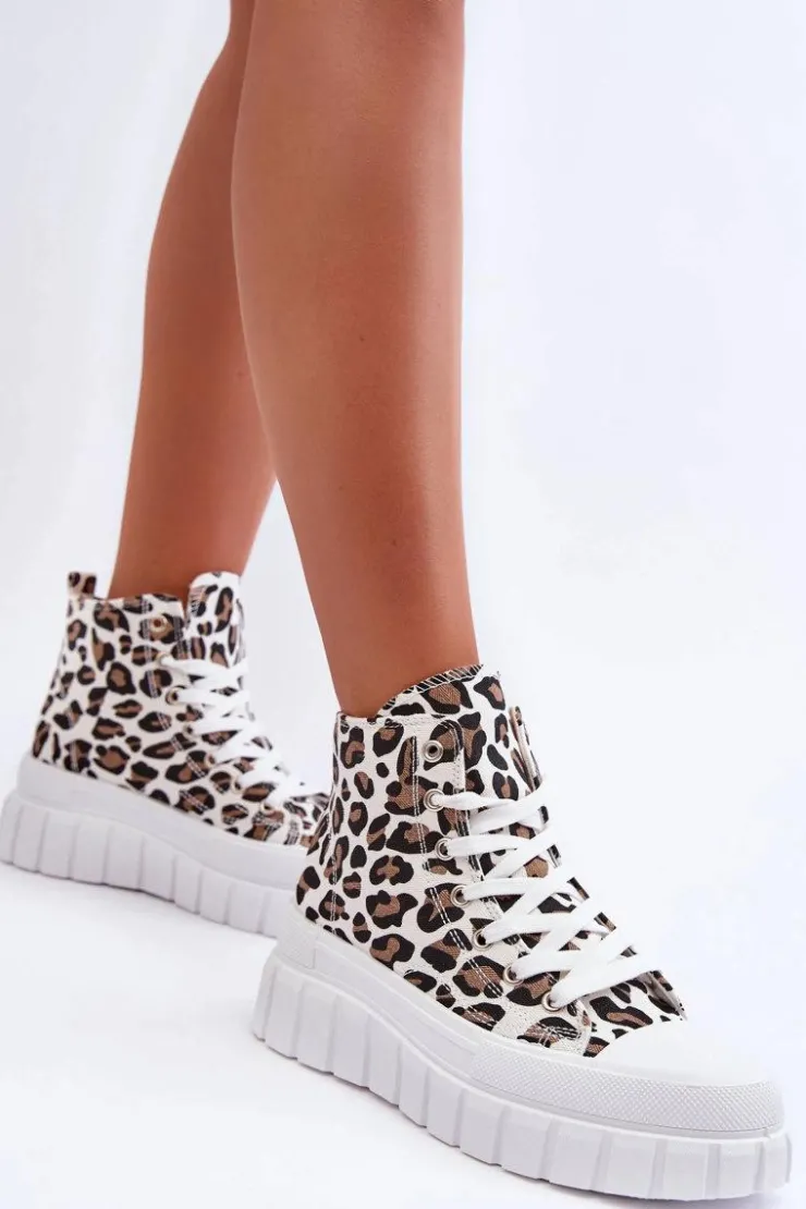 Damskie Boto Damskie Wysokie Trampki Wzór Leopard Białe Florensi