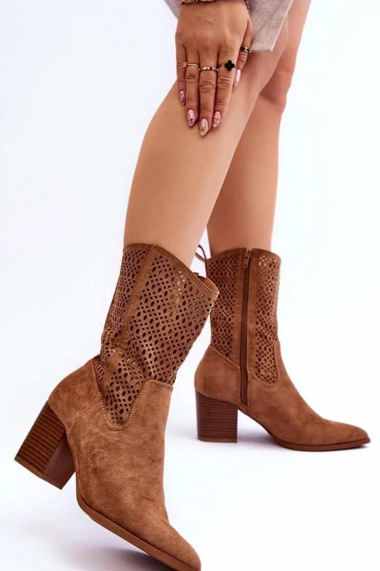 Boto Botki Wiosenne|Botki Na Słupku*Damskie Wysokie Zamszowe Botki Kowbojki Brązowe Turner