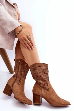 Boto Botki Wiosenne|Botki Na Słupku*Damskie Wysokie Zamszowe Botki Kowbojki Brązowe Turner