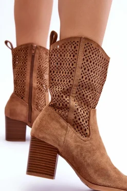 Boto Botki Wiosenne|Botki Na Słupku*Damskie Wysokie Zamszowe Botki Kowbojki Brązowe Turner