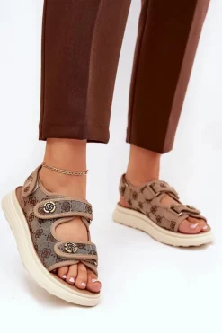 Discount Boto Damskie Wzorzyste Materiałowe Sandały Ze Złotymi Detalami Khaki Pefese Beżowy