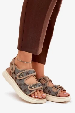 Discount Boto Damskie Wzorzyste Materiałowe Sandały Ze Złotymi Detalami Khaki Pefese Beżowy