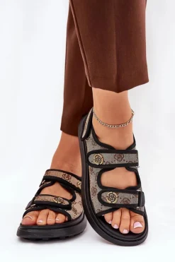 Boto Sandały Płaskie*Damskie Wzorzyste Materiałowe Sandały Ze Złotymi Detalami Beżowo-Czarne Pefese