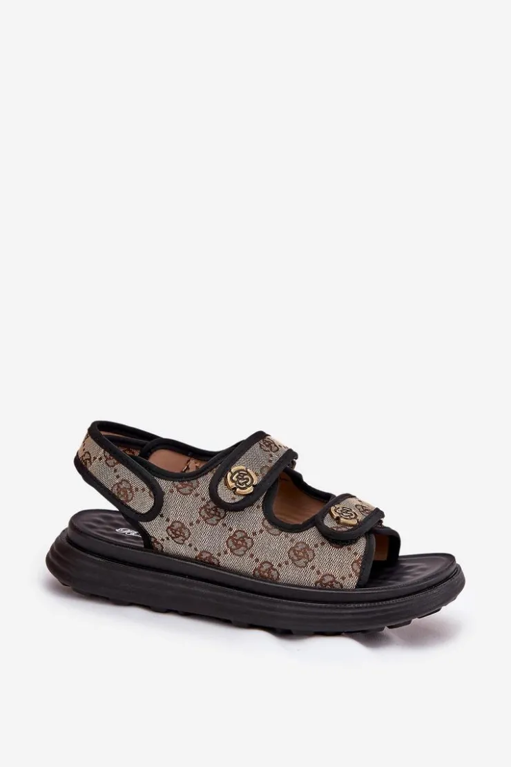 Boto Sandały Płaskie*Damskie Wzorzyste Materiałowe Sandały Ze Złotymi Detalami Beżowo-Czarne Pefese
