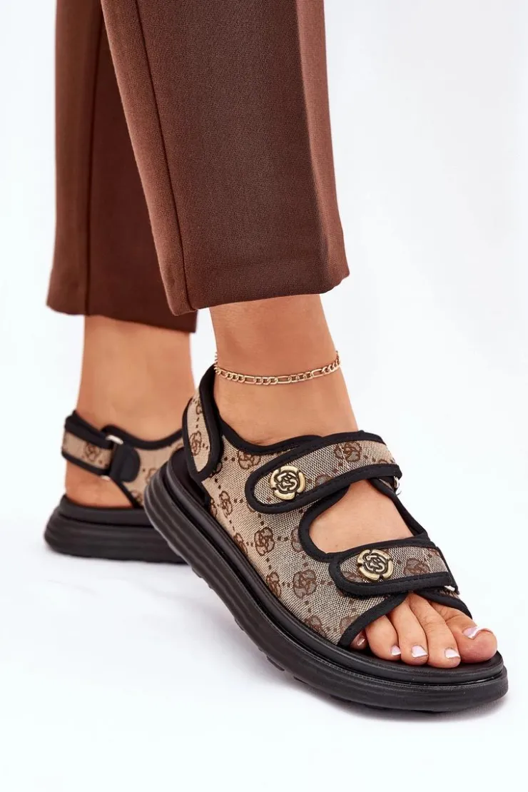 Boto Sandały Płaskie*Damskie Wzorzyste Materiałowe Sandały Ze Złotymi Detalami Beżowo-Czarne Pefese
