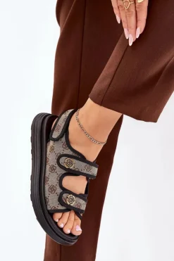 Boto Sandały Płaskie*Damskie Wzorzyste Materiałowe Sandały Ze Złotymi Detalami Beżowo-Czarne Pefese