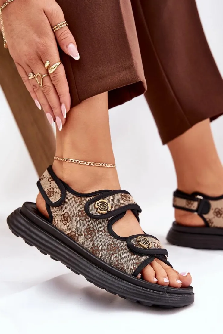 Boto Sandały Płaskie*Damskie Wzorzyste Materiałowe Sandały Ze Złotymi Detalami Beżowo-Czarne Pefese