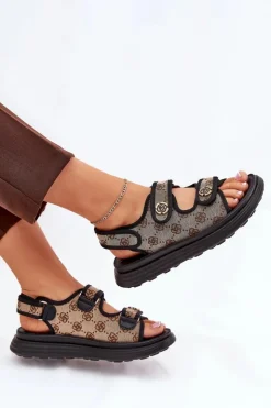 Boto Sandały Płaskie*Damskie Wzorzyste Materiałowe Sandały Ze Złotymi Detalami Beżowo-Czarne Pefese