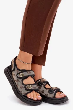 Boto Sandały Płaskie*Damskie Wzorzyste Materiałowe Sandały Ze Złotymi Detalami Beżowo-Czarne Pefese
