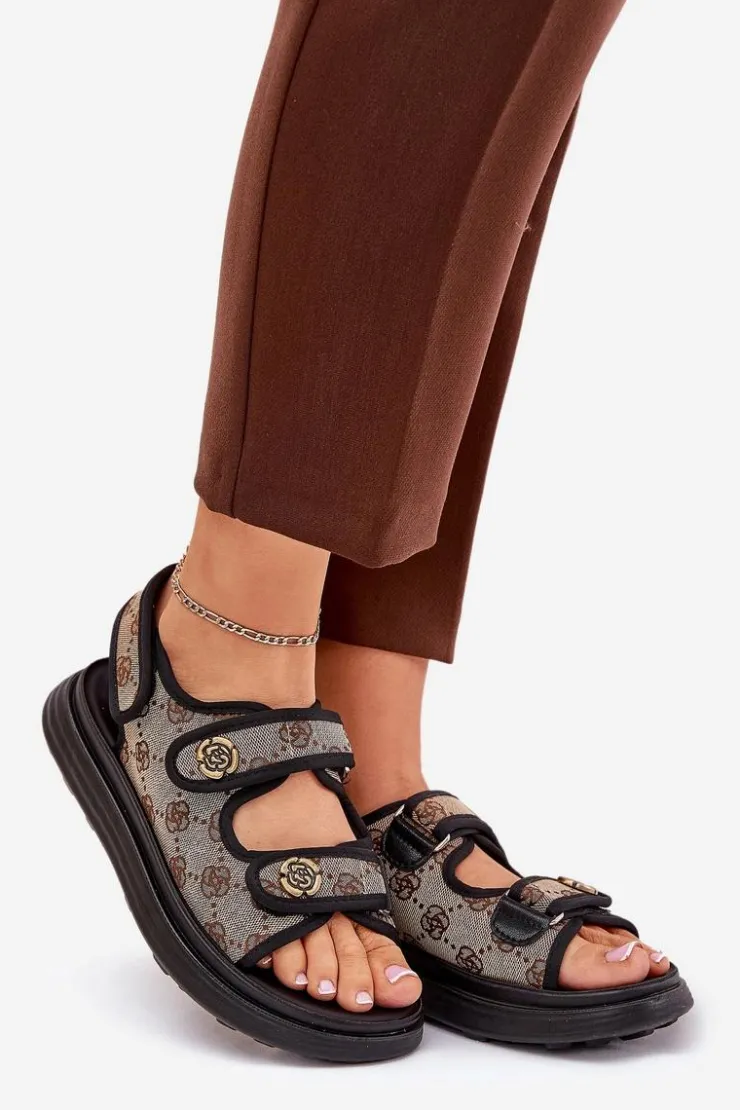 Boto Sandały Płaskie*Damskie Wzorzyste Materiałowe Sandały Ze Złotymi Detalami Beżowo-Czarne Pefese