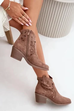 Damskie Damskie buty S.Barski Damskie Zamszowe Ażurowe Botki Kowbojki Brązowe S.Barski HY42-086