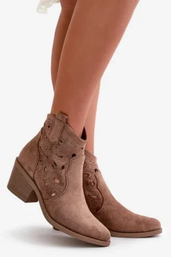 Damskie Damskie buty S.Barski Damskie Zamszowe Ażurowe Botki Kowbojki Brązowe S.Barski HY42-086