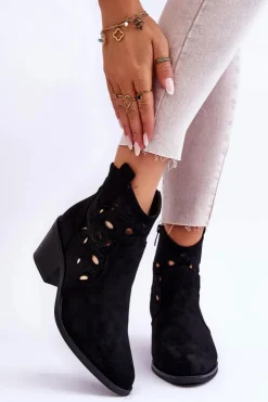 Damskie Damskie buty S.Barski Damskie Zamszowe Ażurowe Botki Kowbojki Czarne S.Barski HY42-086