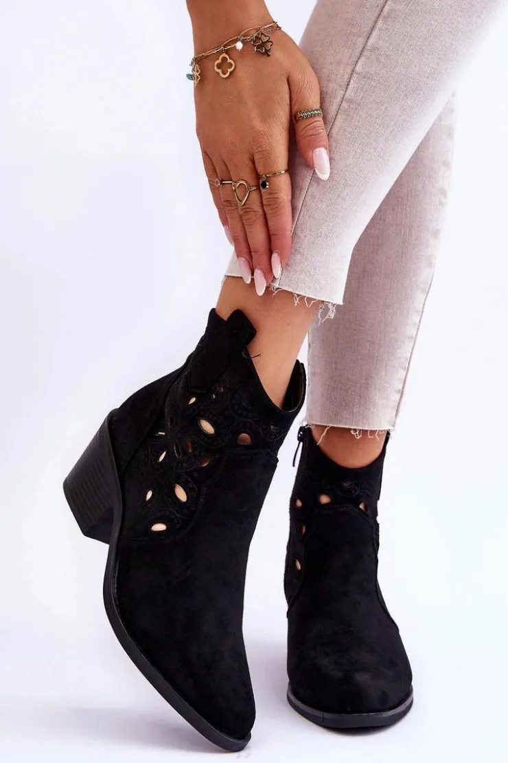 Damskie Damskie buty S.Barski Damskie Zamszowe Ażurowe Botki Kowbojki Czarne S.Barski HY42-086