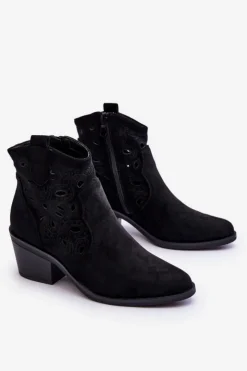 Damskie Damskie buty S.Barski Damskie Zamszowe Ażurowe Botki Kowbojki Czarne S.Barski HY42-086