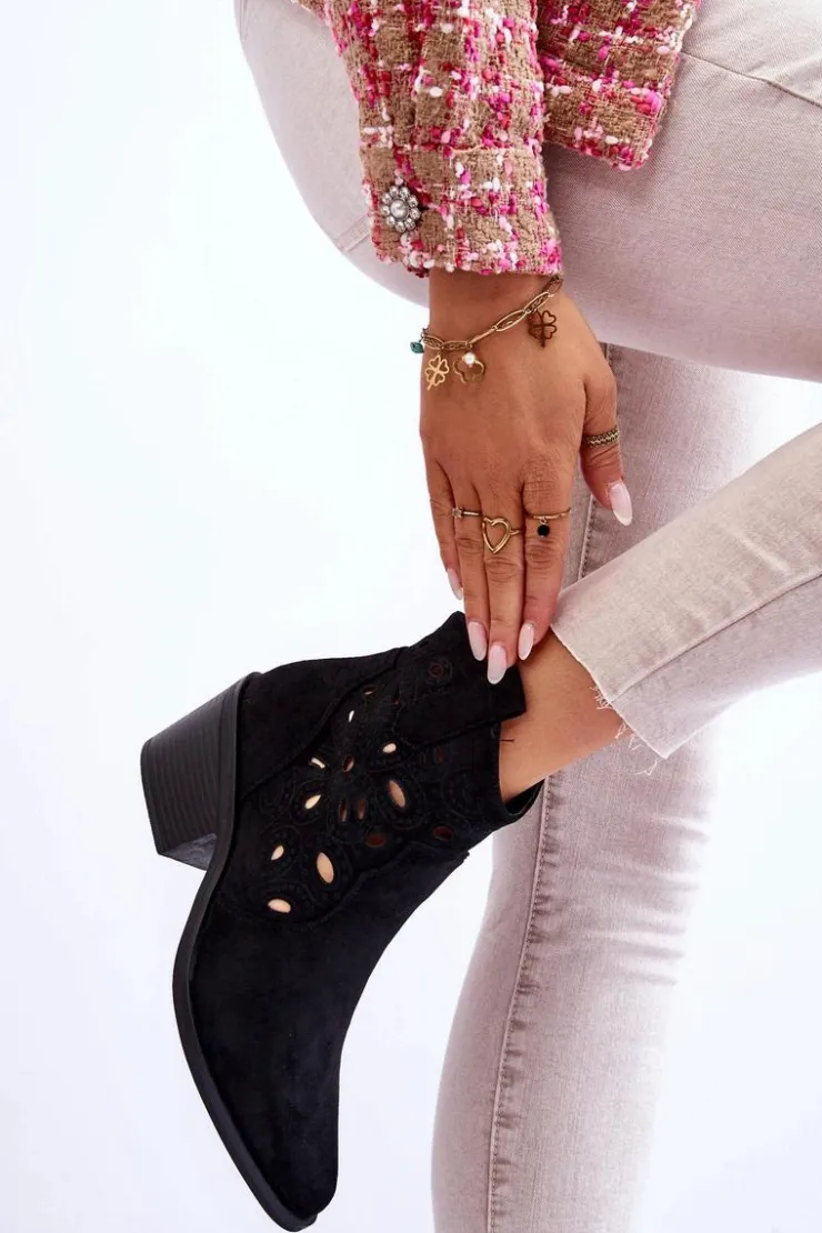 Damskie Damskie buty S.Barski Damskie Zamszowe Ażurowe Botki Kowbojki Czarne S.Barski HY42-086