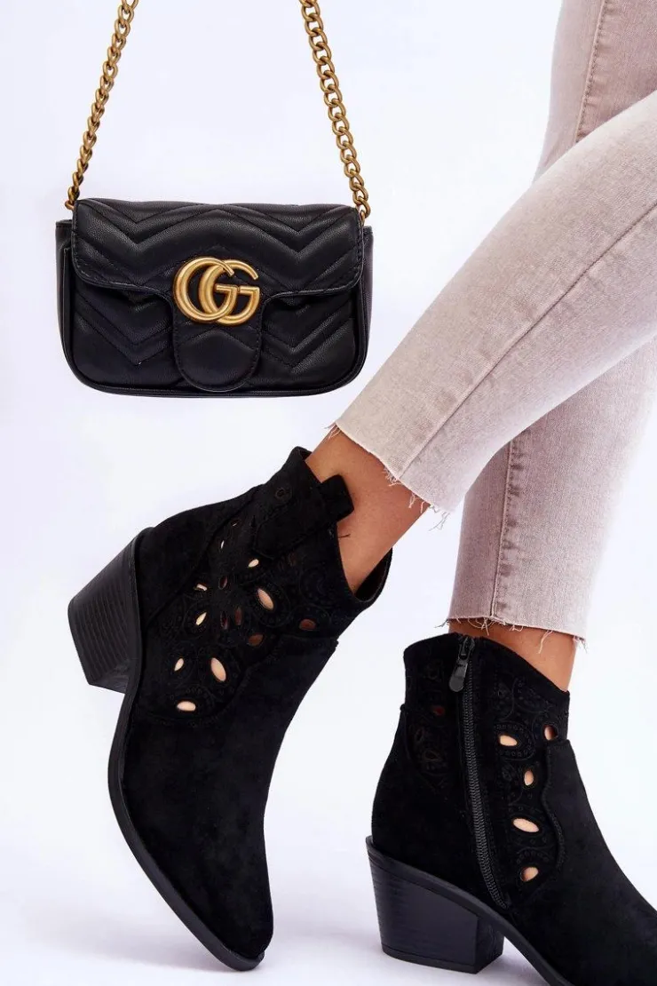 Damskie Damskie buty S.Barski Damskie Zamszowe Ażurowe Botki Kowbojki Czarne S.Barski HY42-086