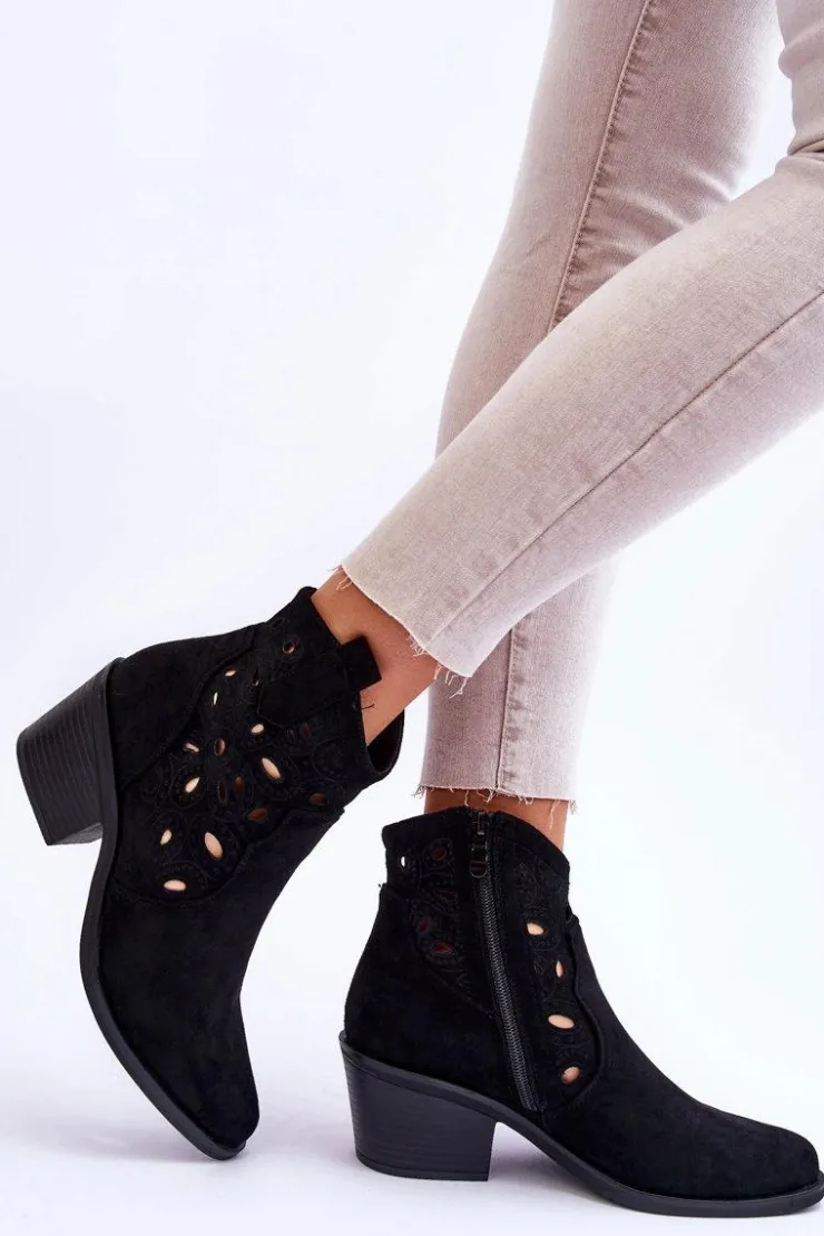 Damskie Damskie buty S.Barski Damskie Zamszowe Ażurowe Botki Kowbojki Czarne S.Barski HY42-086