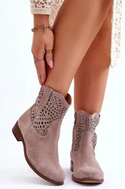 Boto Botki Wiosenne|Botki Ażurowe*Damskie Zamszowe Ażurowe Botki Lewski Shoes 3301 Cappuccino